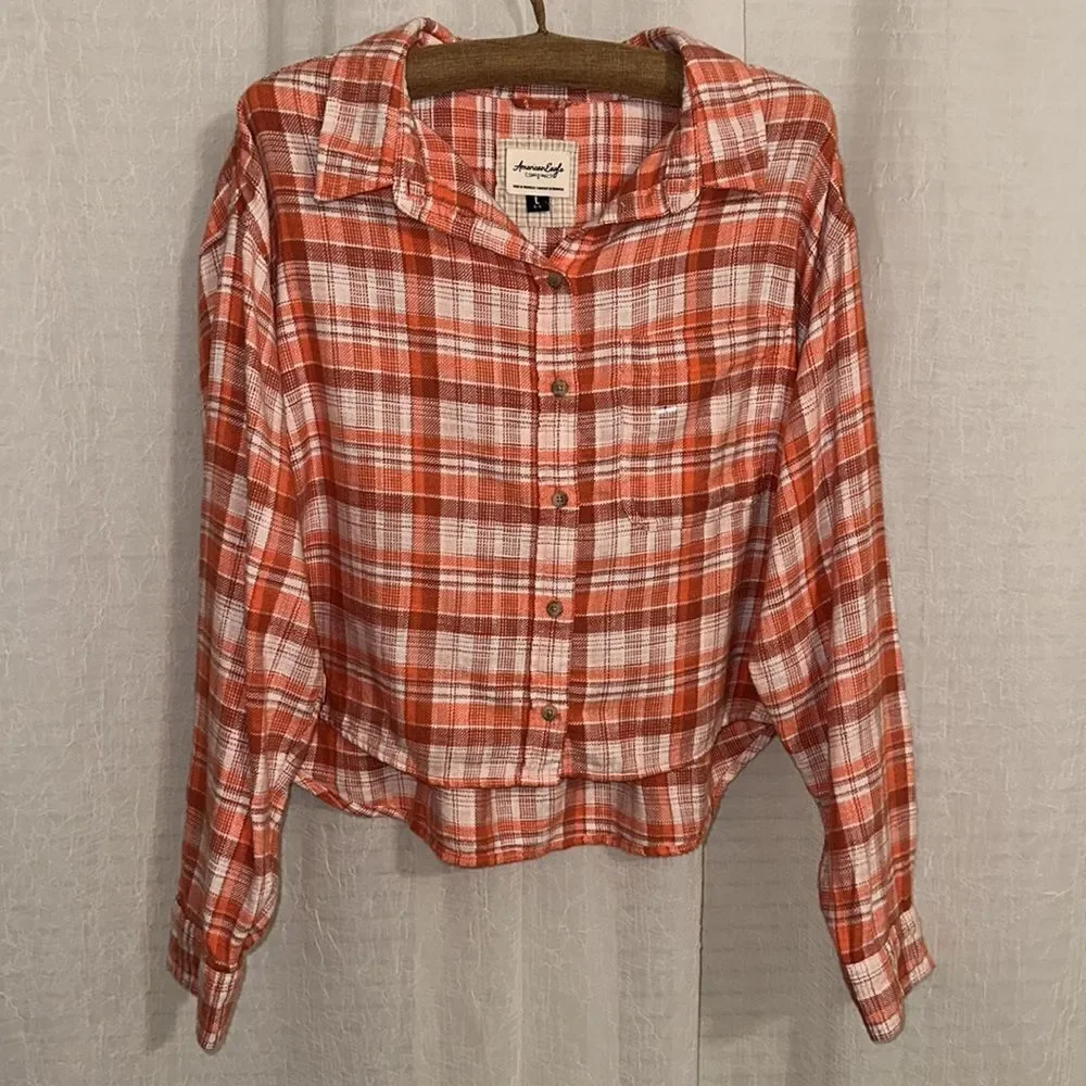 AE L Gorgeous Orange Plaid High Low Cropped Flannel Shirt Distressed Elbows